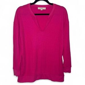 Loft Waffle Knit V-Neck Shirt Large Petite Pink Long Sleeve Pullover